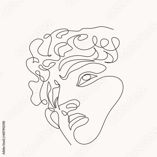 One line greece mythology sculpture. Abstract art of ancient greek classic statue, Michelangelo's David head for tattoo, print