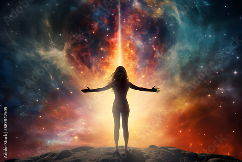 Woman is doing yoga against universe background