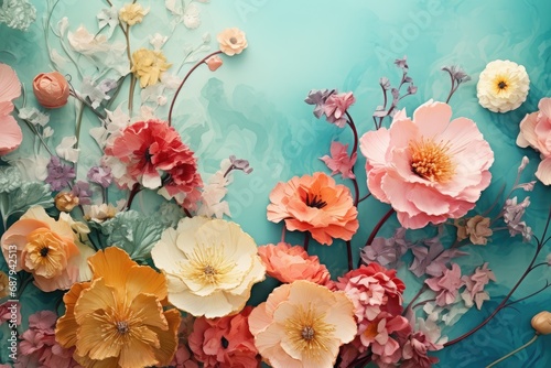Wallpaper Mural Valentine's Day. Assorted Spring Blossoms on Pastel Blue. Floral Freshness and Beauty. Generative AI Torontodigital.ca