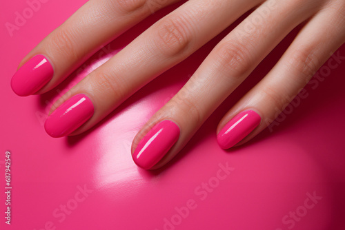 Woman s hand with pink nail polish color