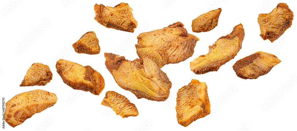 Grilled chicken slices, chopped meat for Doner kebab isolated on white background Grilled chicken slices, chopped meat for Doner kebab isolated on white background