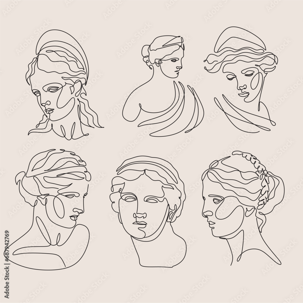 Greek ancient sculpture set. Vector hand drawn illustrations of antique classic statues in modern style. Ink black and white art. Greek ancient sculpture set. Vector hand drawn illustrations of antique classic statues in modern style. Ink black and white art.