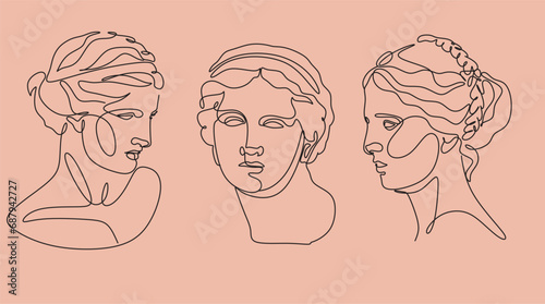 Greek ancient sculpture set. Vector hand drawn illustrations of antique classic statues in modern style. Ink black and white art. 