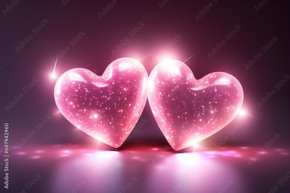 Twin Pink Hearts Glowing with Sparkles and Love on Bokeh Background. Generative AI