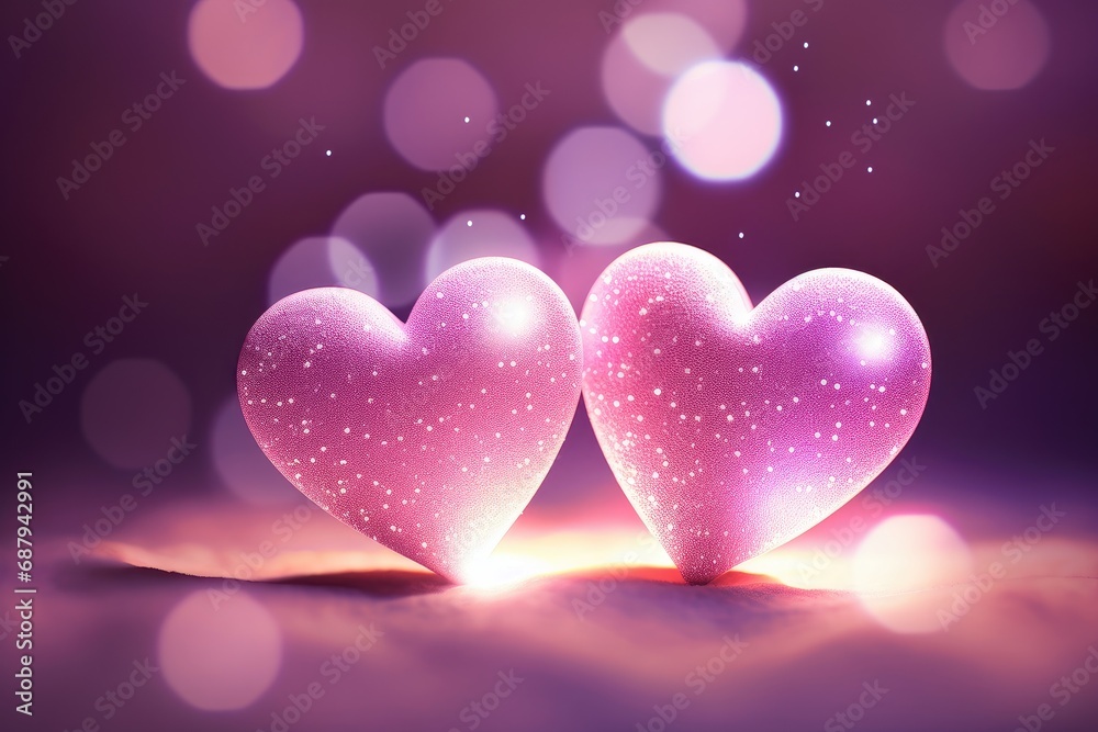 Twin Pink Hearts Glowing with Sparkles and Love on Bokeh Background. Generative AI Twin Pink Hearts Glowing with Sparkles and Love on Bokeh Background. Generative AI