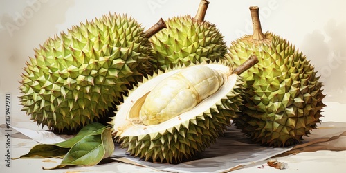 Watercolor durian fruit isolated on white. AI Generated