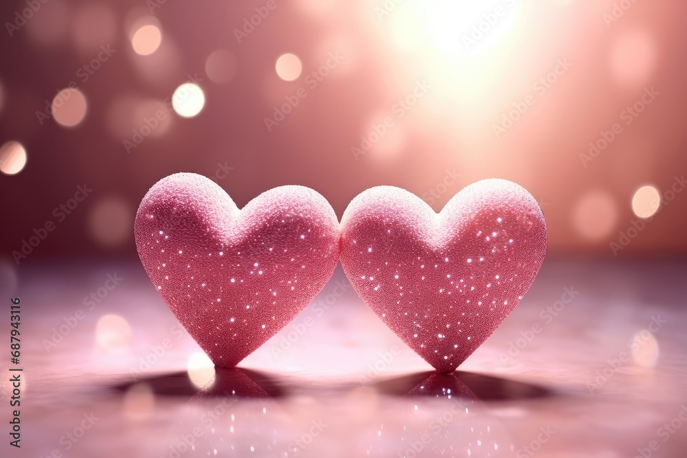 Twin Pink Hearts Glowing with Sparkles and Love on Bokeh Background. Generative AI