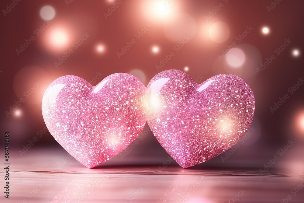 Twin Pink Hearts Glowing with Sparkles and Love on Bokeh Background. Generative AI Twin Pink Hearts Glowing with Sparkles and Love on Bokeh Background. Generative AI