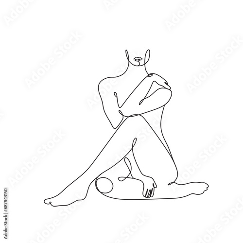 Naked woman standing back one line drawing on white isolated background. Vector illustration