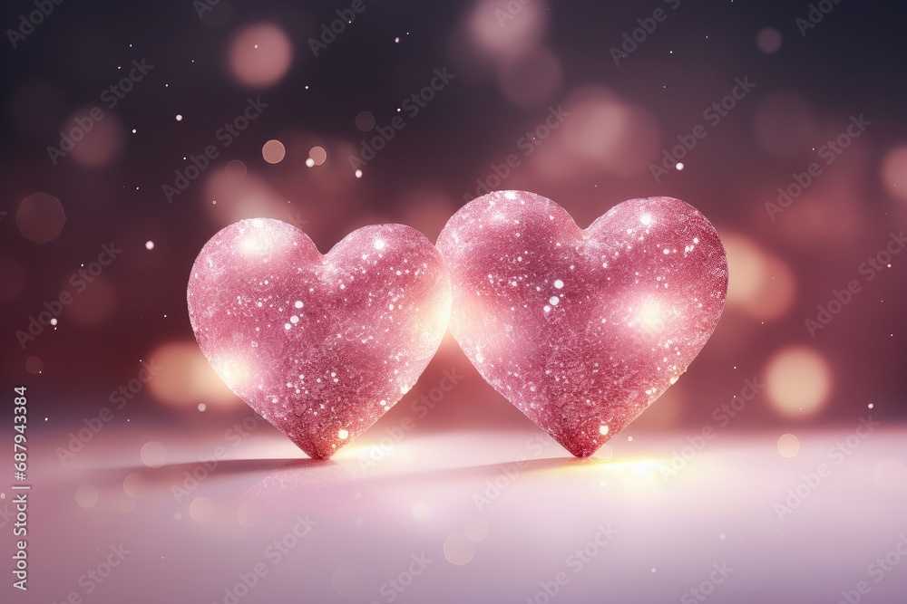 Twin Pink Hearts Glowing with Sparkles and Love on Bokeh Background. Generative AI Twin Pink Hearts Glowing with Sparkles and Love on Bokeh Background. Generative AI