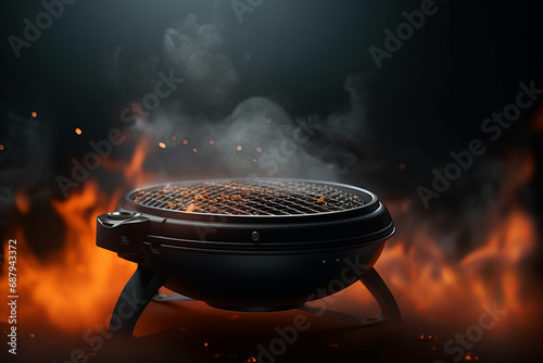 Low mesh grill with smoke on dark background with fire and space for text or inscriptions, grilling and BBQ theme.generative ai