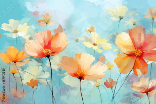 Valentine's Day. Assorted Spring Blossoms on Pastel Blue. Floral Freshness and Beauty. Generative AI