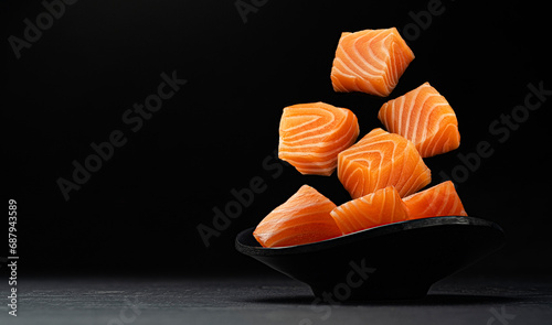 Falling salmon cubes on black background photo