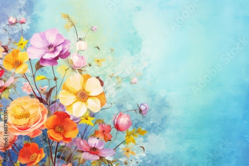 Valentine's Day. Assorted Spring Blossoms on Pastel Blue. Floral Freshness and Beauty. Generative AI