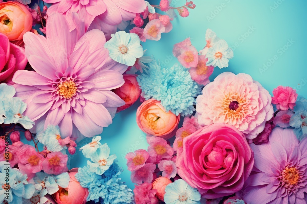 Valentine's Day. Assorted Spring Blossoms on Pastel Blue. Floral Freshness and Beauty. Generative AI Valentine's Day. Assorted Spring Blossoms on Pastel Blue. Floral Freshness and Beauty. Generative AI