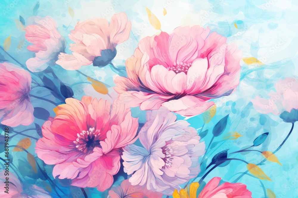 Valentine's Day. Assorted Spring Blossoms on Pastel Blue. Floral Freshness and Beauty. Generative AI Valentine's Day. Assorted Spring Blossoms on Pastel Blue. Floral Freshness and Beauty. Generative AI