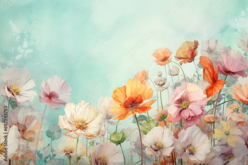 Valentine's Day. Assorted Spring Blossoms on Pastel Blue. Floral Freshness and Beauty. Generative AI Valentine's Day. Assorted Spring Blossoms on Pastel Blue. Floral Freshness and Beauty. Generative AI