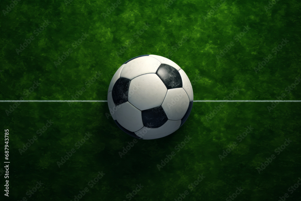 Fototapeta premium Game ball on green grass on the white line, view from above.generative ai