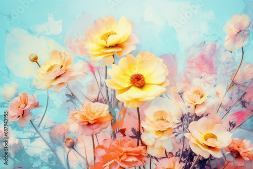 Valentine's Day. Assorted Spring Blossoms on Pastel Blue. Floral Freshness and Beauty. Generative AI