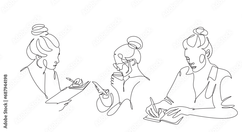 continuous line drawing of office workers standing at business meetings. female administrative manager making notes of information. vector illustration isolated on white background