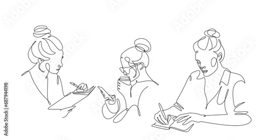 continuous line drawing of office workers standing at business meetings. female administrative manager making notes of information. vector illustration isolated on white background