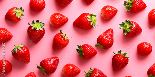 Fresh strawberries, healthy food concept Arrange a beautiful top view with space on a red pastel background.