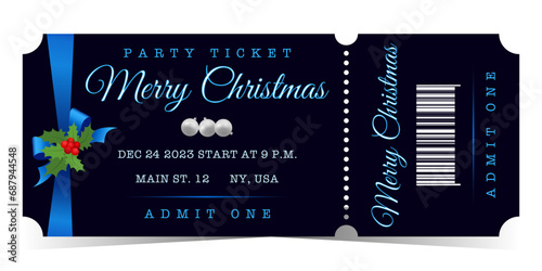 Merry Christmas elegant horizontal party ticket for admit one with blue bow