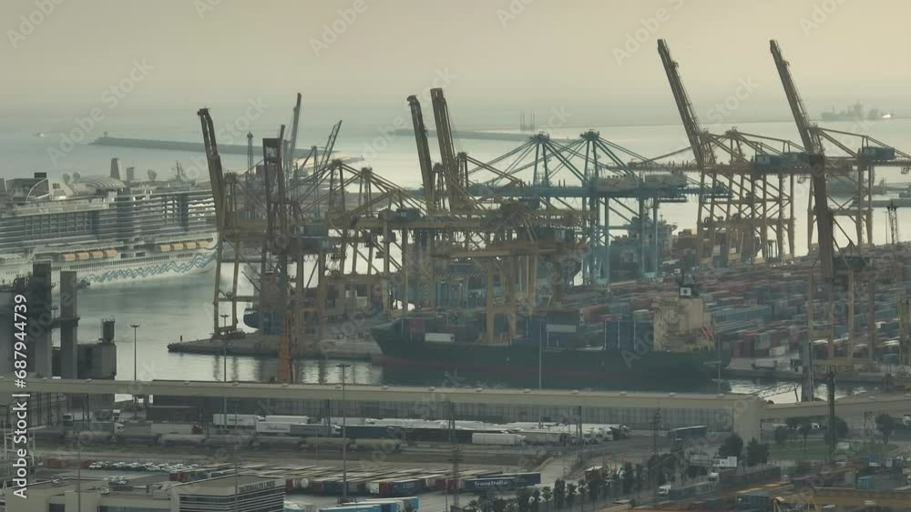 sunset time barcelona city bay port dock cranes aerial panorama 4k spain sunset time barcelona city bay port dock cranes aerial panorama 4k spain