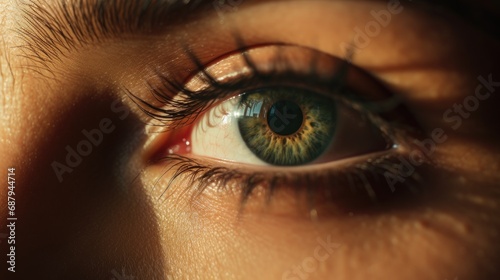 Female eye with brown iris, pupil close-up. Beautiful black eyelashes.