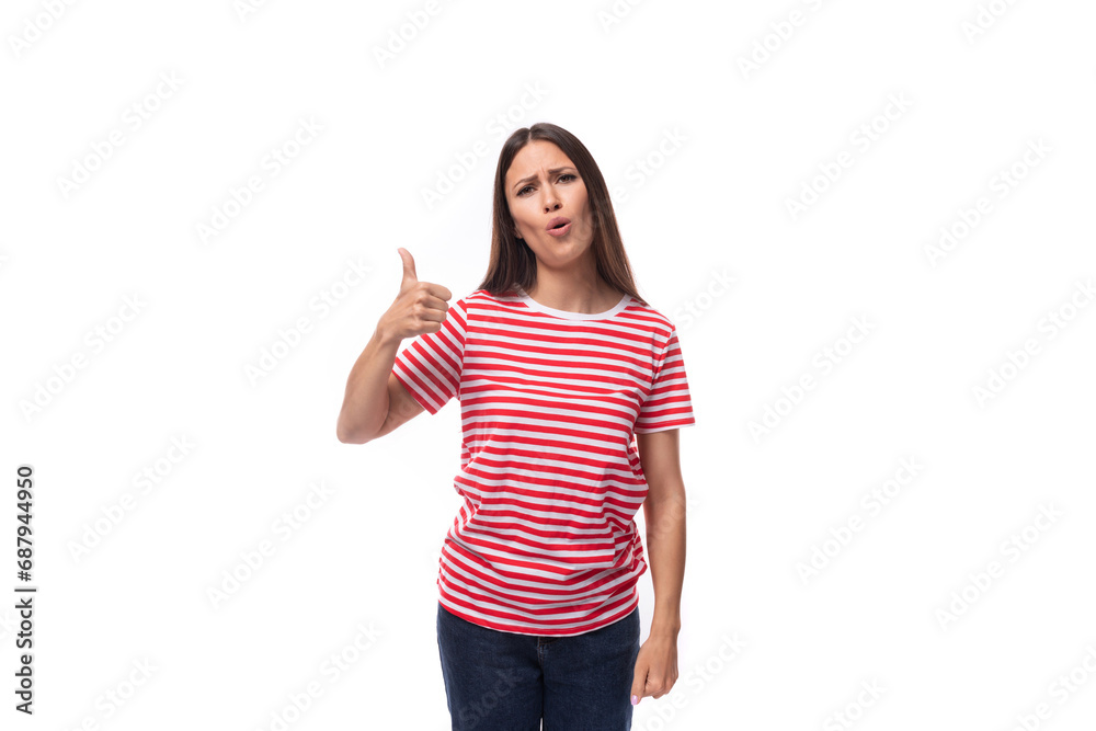 portrait of a charming young caucasian woman with straight hair wearing glasses and a striped t-shirt portrait of a charming young caucasian woman with straight hair wearing glasses and a striped t-shirt