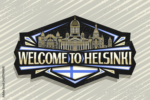 Vector logo for Helsinki, dark decorative label with line illustration of historical european helsinki city scape on dusk sky background, art design refrigerator magnet with words welcome to helsinki photo