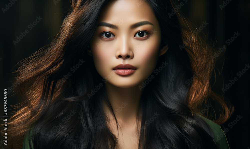 Confident Southeast Asian woman with striking features and long dark hair against a dark background, exuding elegance and poise