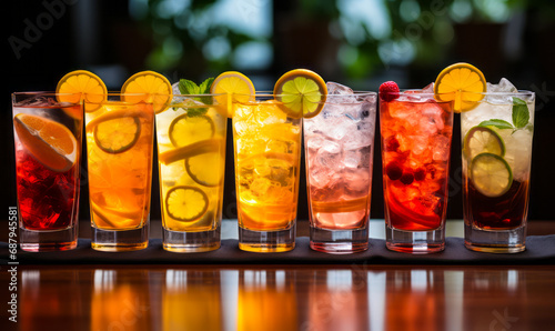 Assortment of chilled beverages with citrus garnishes in highball glasses, reflecting a vibrant collection of refreshing mixed drinks for sophisticated social gatherings © Bartek