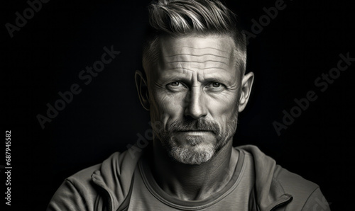Portrait of a mature man in his 40s with short hair, intense gaze, and confident demeanor against a black studio background in monochrome