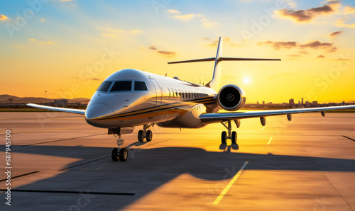 Luxurious private jet aircraft parked on airport runway bathed in the golden hues of sunset, symbolizing exclusive travel and modern aviation © Bartek