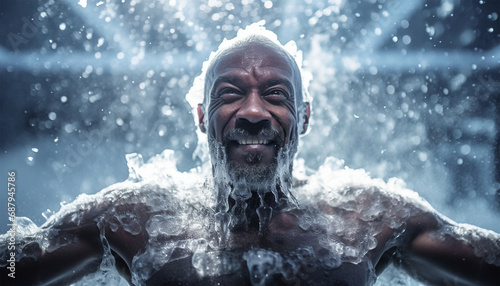 Bath therapy treatment, man soaking in icy bath Natural medicine for healthcare, freezing runny for male person. Ice Bath therapy. Wim hof method, cold therapy, breathing techniques, yoga  photo
