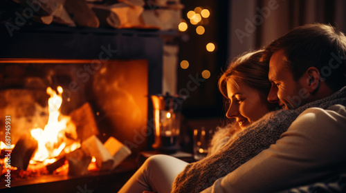 Lovely couple hugs near fireplace. Cozy evening. Romantic concept. Generative AI