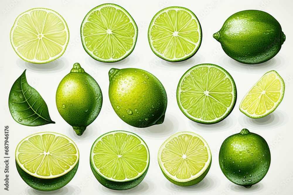 Watercolor lime fruit isolated on white. AI Generated