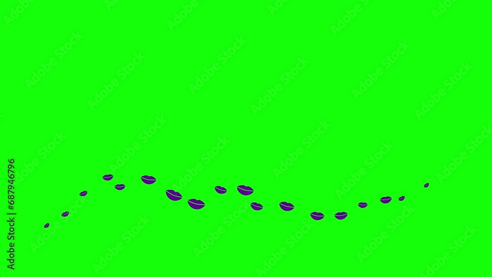Animated violet lips fly from right to left in a wave. Concept of kiss, love, passion. Symbols hearts isolated on green background. Animated violet lips fly from right to left in a wave. Concept of kiss, love, passion. Symbols hearts isolated on green background.