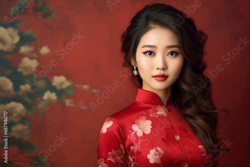 Young asian beauty woman wearing cheongsam, one color background, copy space. generative ai