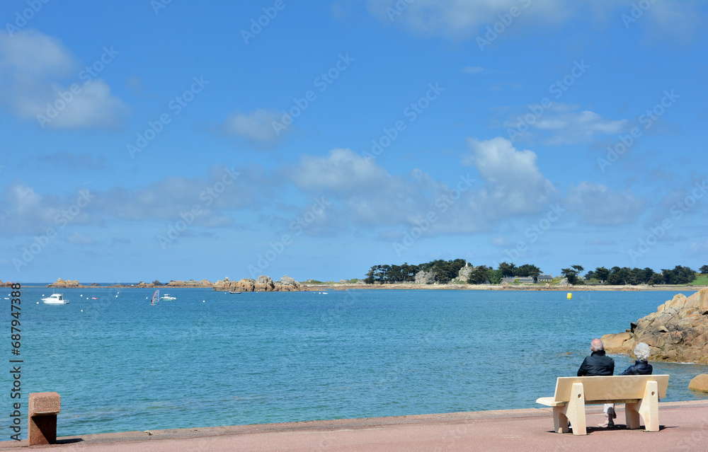 Un couple qui est assis face à la mer en Bretagne-France