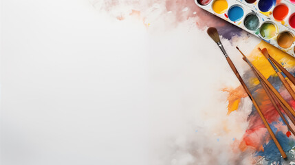 set of accessories for painting with paints and brushes. fine art tools. creative composition in flatley style