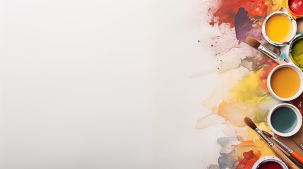 set of accessories for painting with paints and brushes. fine art tools. creative composition in flatley style