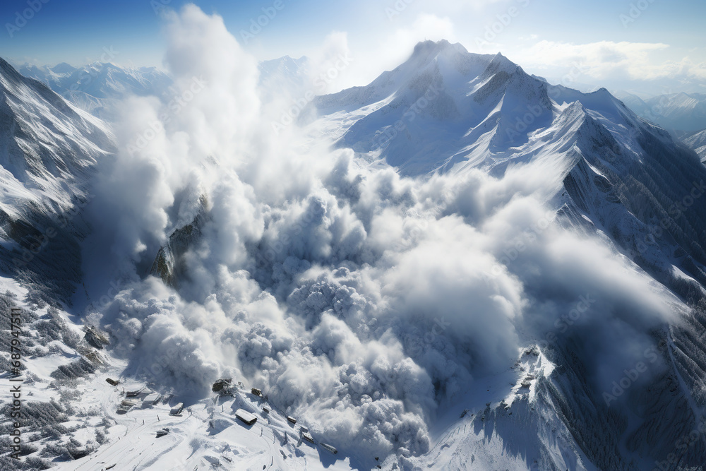 An avalanche is rumbling down mountain slope, Power of nature, AI generative..