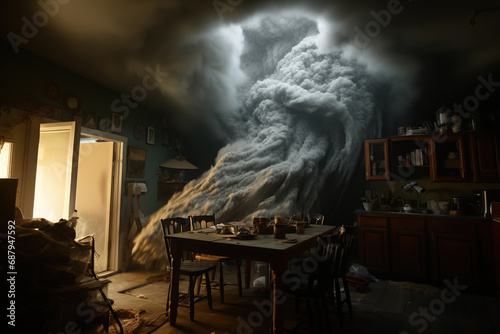 A Tornado forming inside house, Atmospheric Phenomenon, Natural Disaster, Destruction, Extreme Weather, AI Generative.