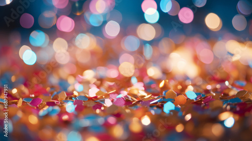 Bright blurry festive background filled with colorful confetti. Happy birthday, fun, festive mood