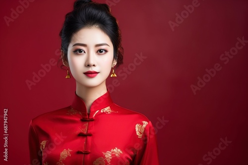 Young asian beauty woman wearing cheongsam, one color background, copy space. generative ai © Nia™