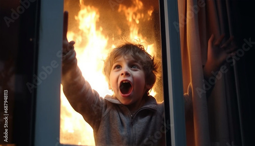 Boy trapped in a house with fire crying and screaming for help by the window. Frightened child is his home s.o.s scary photo