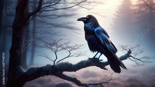  Solemn grace of a raven perched on a branch. 