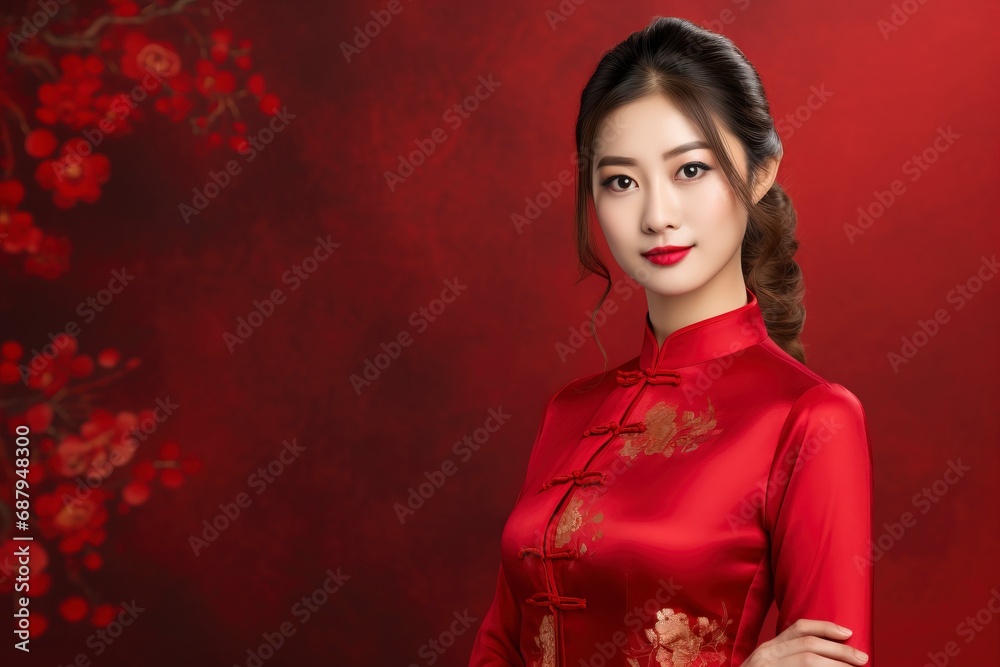 Young asian beauty woman wearing cheongsam, one color background, copy space. generative ai
